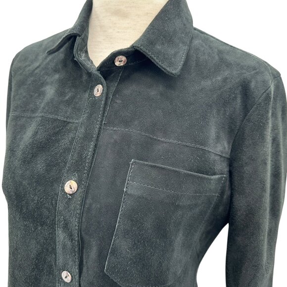 Roncarati Womens 0/2 Shirt Jacket Leather Suede Black Button Collared Western Bo - Picture 2 of 11